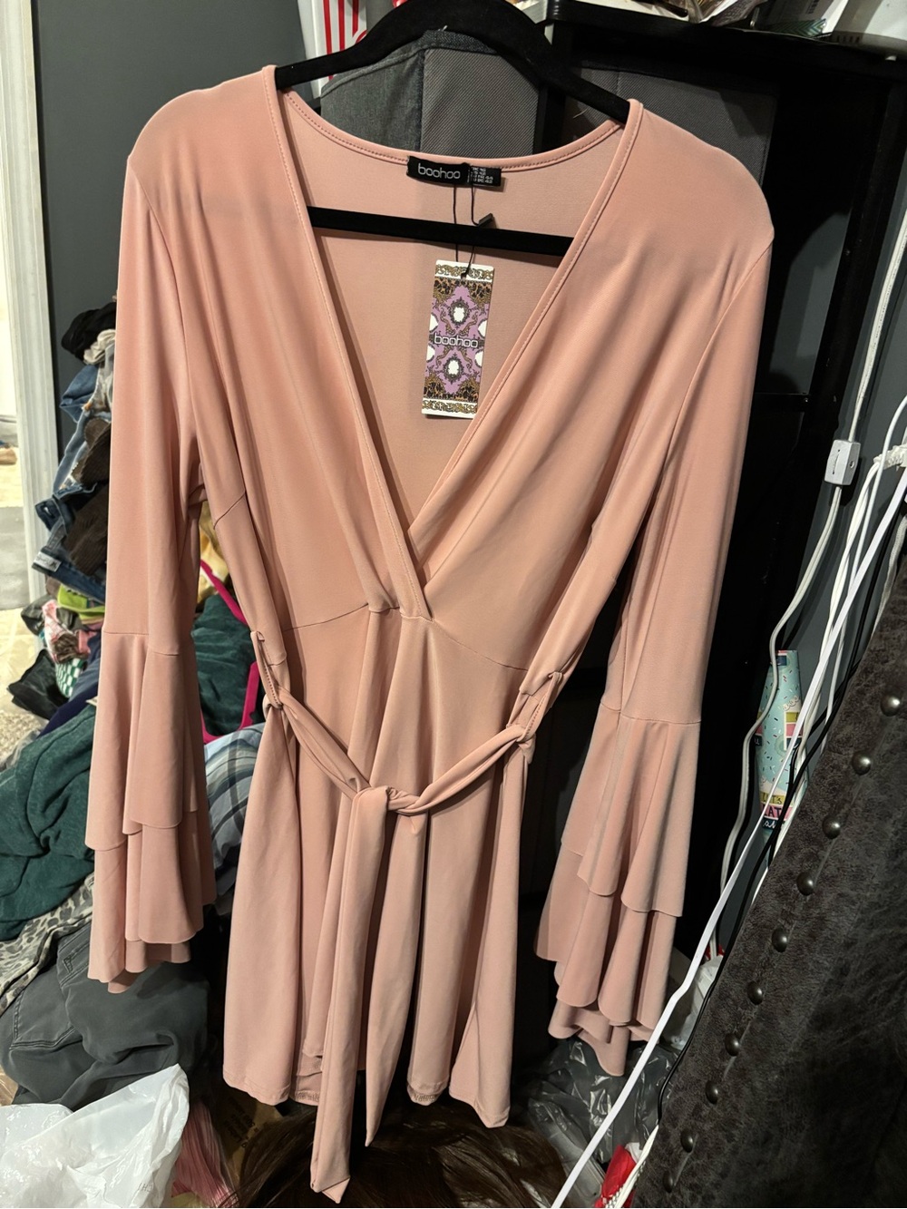 boohoo Blush Pink Wrap Dress with Tiered Bell Sleeves size 12